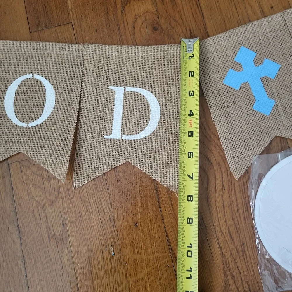 God Bless Blue Cross Burlap Banner Christening Baptism Confirmation Religious...